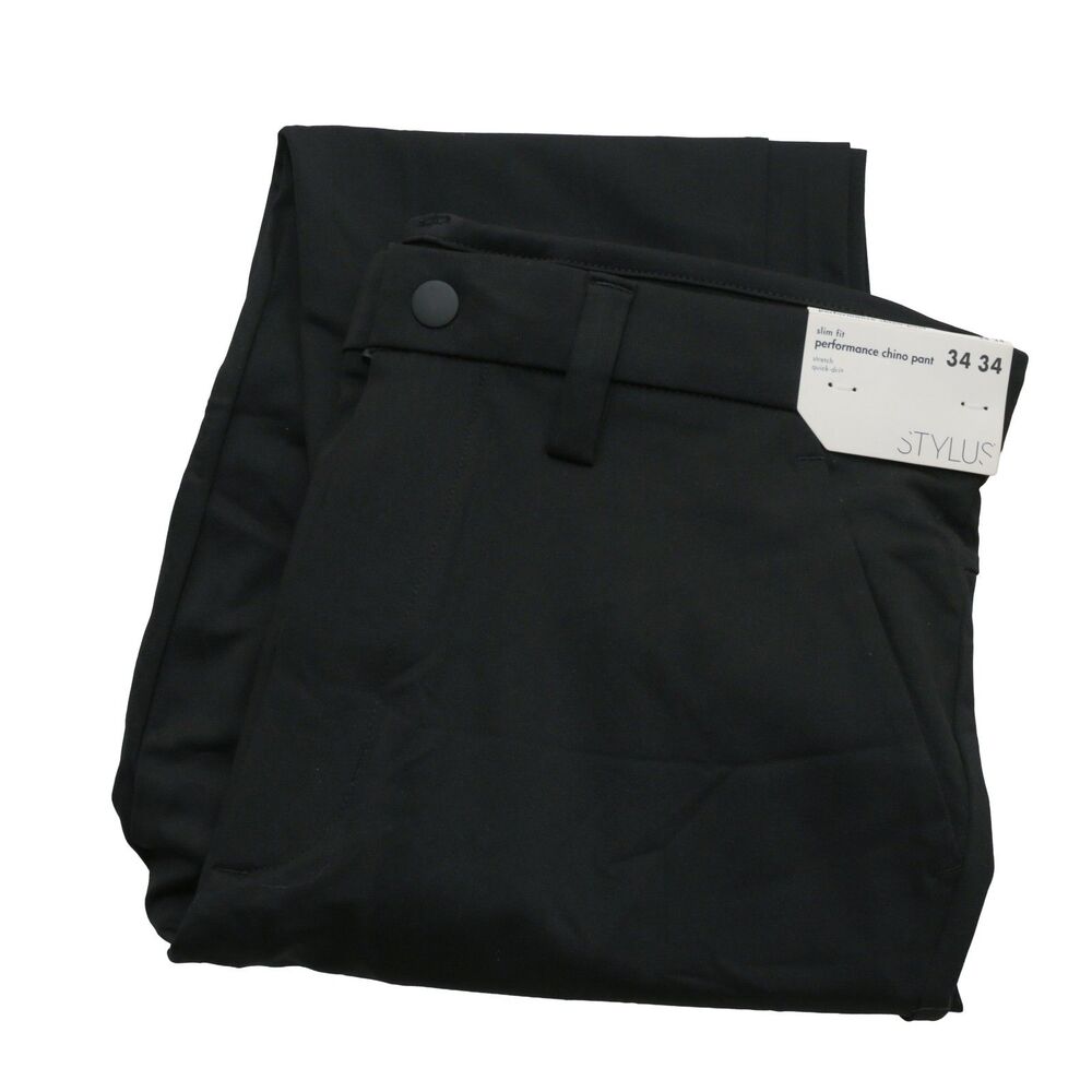 STYLUS Size 34x34 Men's Slim Fit Performance‎ Chino Pants Black Flat Front